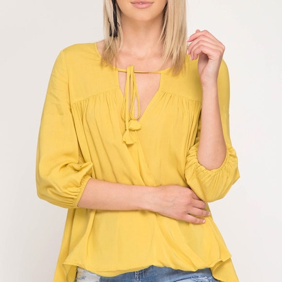 She and Sky Tops - Last 1! NWT Surplice Woven Top Front Tassel Tie